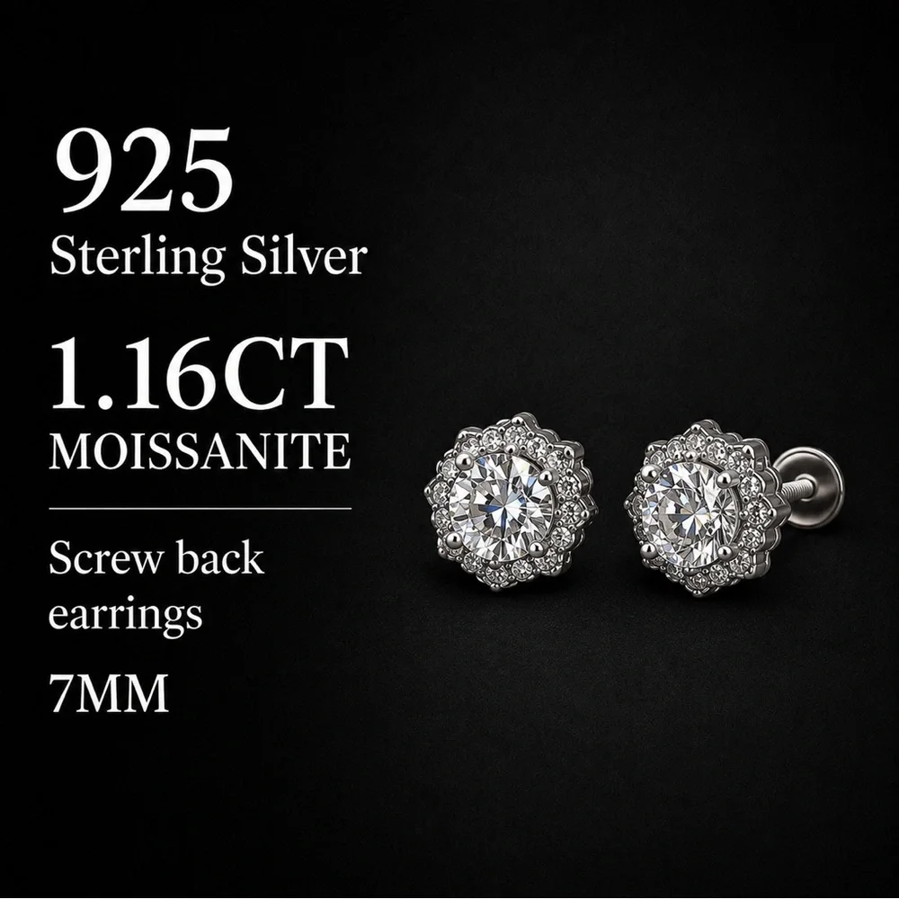 925 Sterling Silver 1.16CT MOISSANITE Halo Stud Screw Back Earrings